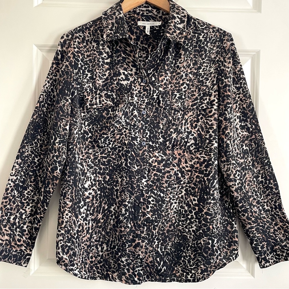 Avec Les Filles Leopard Print Button Down Blouse